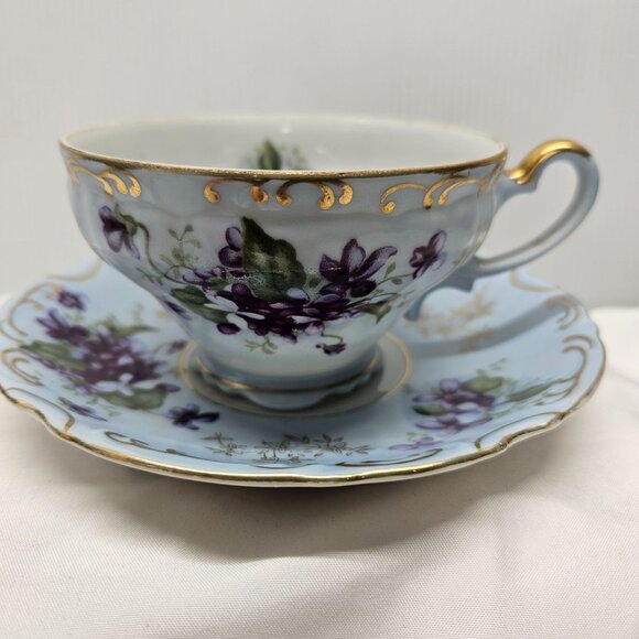 Lefton China Hand Painted Tea Cup and Saucer Purple Violet With Gold Trim 1950s - Picture 10 of 11